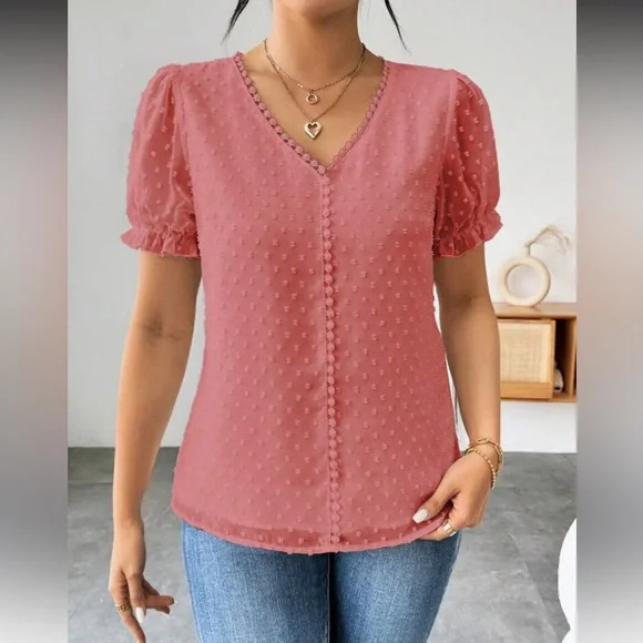 Elegant Burgundy Swiss Dot Puff Sleeve Top - Picture 14 of 16